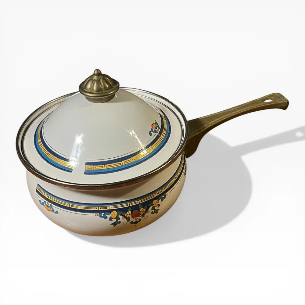 Vintage Floral Enamel Saucepan with Lid Brass Handle Chinoiserie Cream Blue Gold